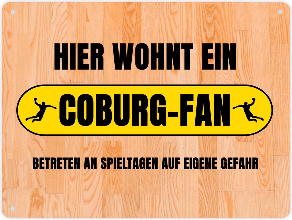 Hier wohnt ein Coburg-Fan Metallschild XL in 21x28 cm mit Turnhallenboden Motiv