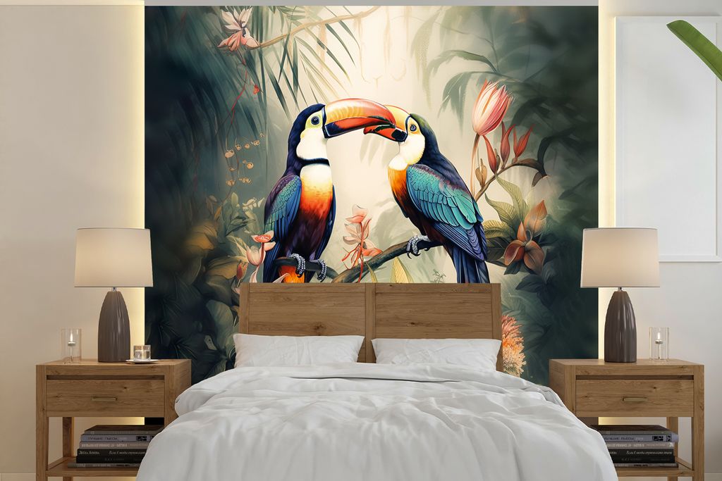 MuchoWow Fototapete für Wohnzimmer oder Schlafzimmer Wandtapete Vinyl Motivtapete Tukan - Vögel - Blumen - Natur - Dschungel - 240x240 cm - Sch...