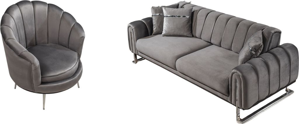 Villa Möbel Sofa Set Wave Grau Stellvariante:3+1 Relax- und Bettfunktion, pflegeleichter Mikrofaser Samtstoff