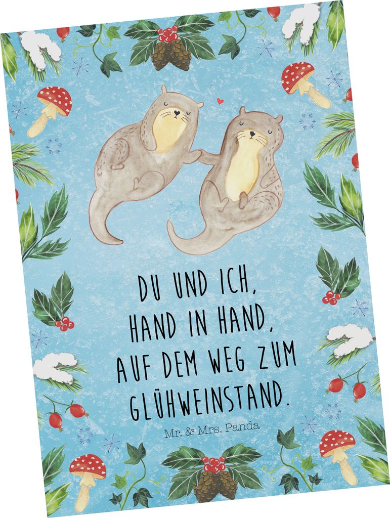 Mr. & Mrs. Panda Postkarte Otter Glühweinstand - Eisblau - Geschenk, Fotokarte, Ansichtskarte, Ansichtskarten, Weihnachten, Grußkarte, Postkarten