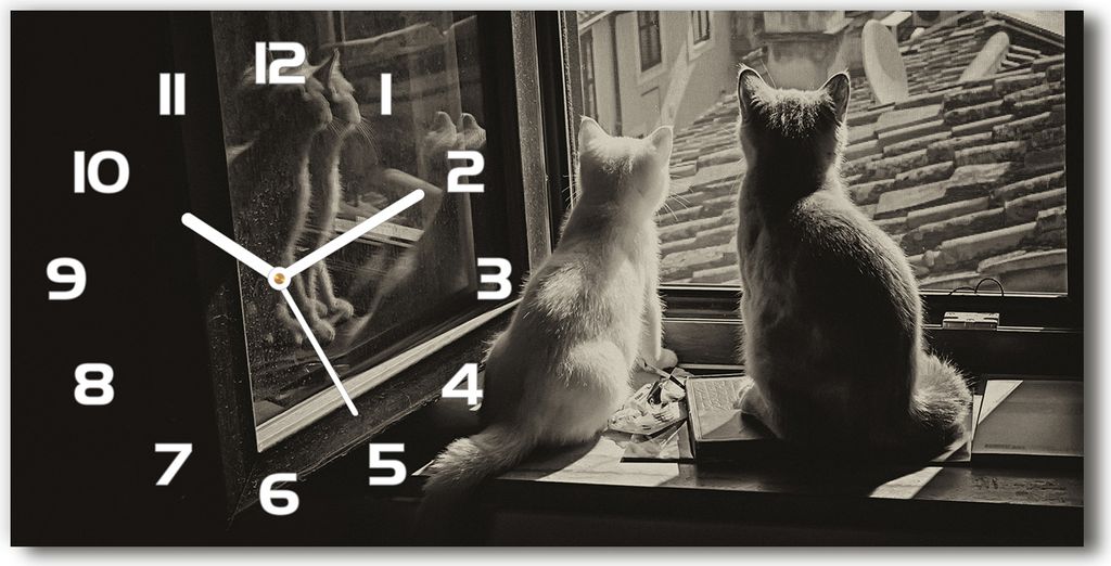 Wanduhr aus Glas – 60x30 cm - Glasbild - Glasuhr - Gehärtetes Glas - weisse-zeiger - Katzen durch das Fenster