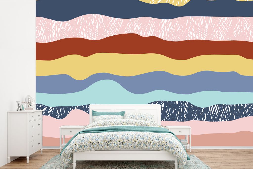 MuchoWow Fototapete für Wohnzimmer oder Schlafzimmer Wandtapete Vinyl Motivtapete Design - Linien - Kinder - 600x400 cm - Vinyltapeten