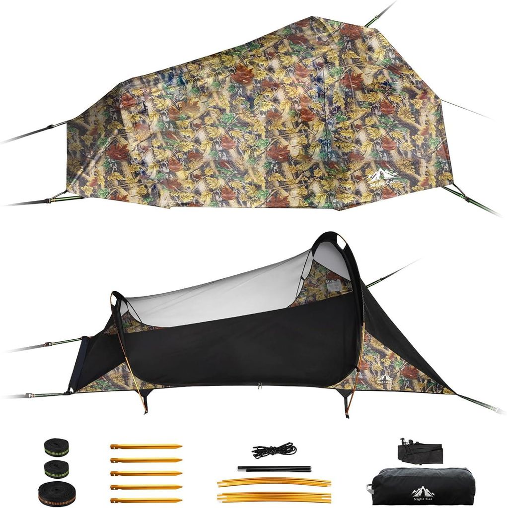 Night Cat Hängematte Outdoor Wetterfest: Bodenflacher Hängemattenzelt mit Moskitonetz und Tarp XXL leicht für 1 Personen Camping Trekking und Ga...