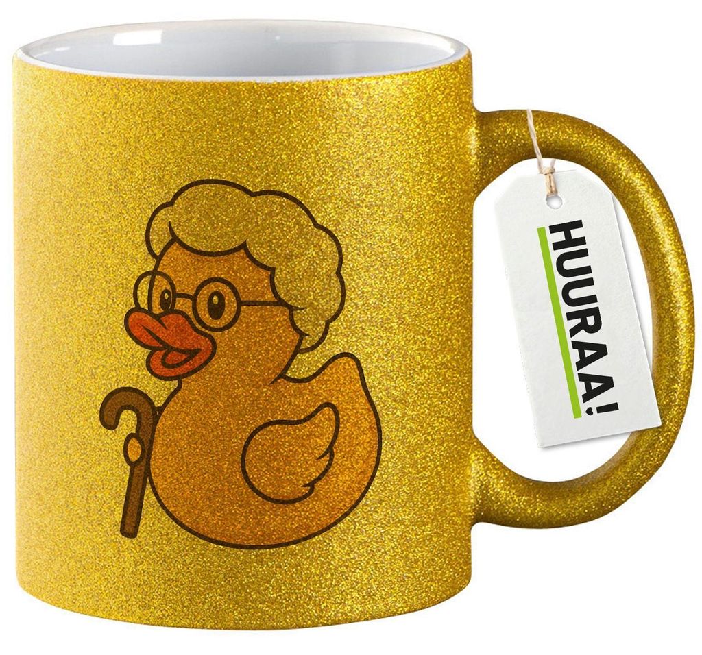 Huuraa Glitzertasse Quietscheente Rente Comic Gummiente 330ml Gold Keramik Kaffeebecher Geschenkidee