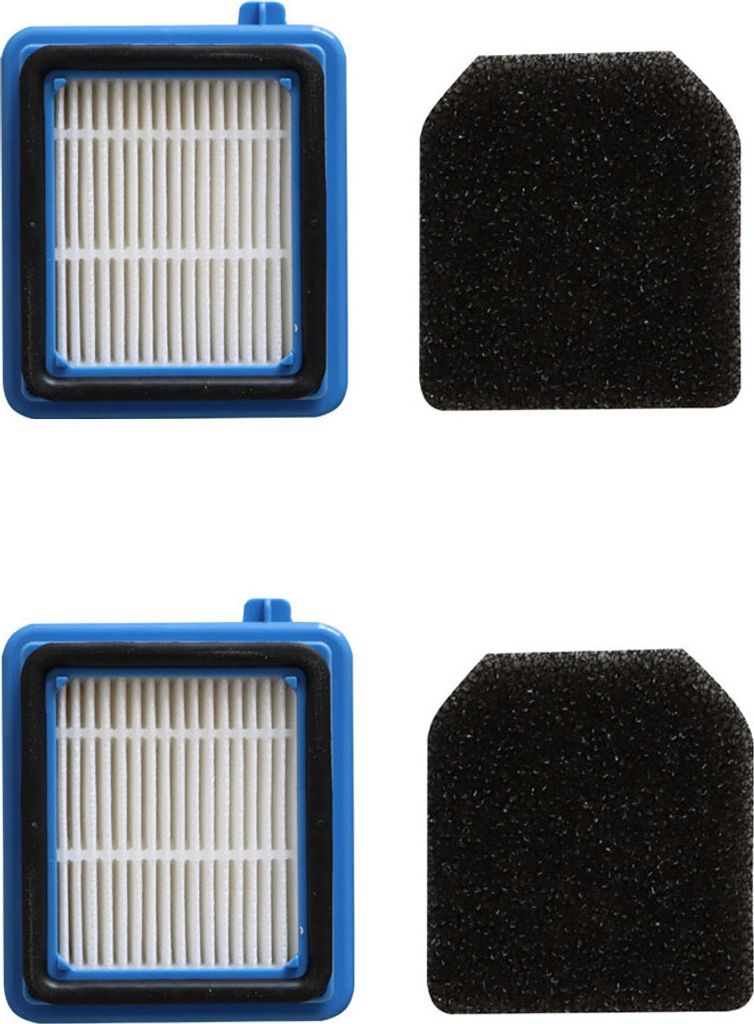 Two sets of vacuum cleaner filters and two foam filters are displayed against a white background.
