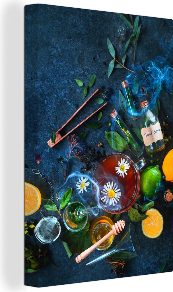 OneMillionCanvasses - Leinwandbilder - 90x140 cm, Tee umgeben von Blättern, Wandbilder Kunstdruck Wanddekoration - Wandschmucke - Schlafzimmer