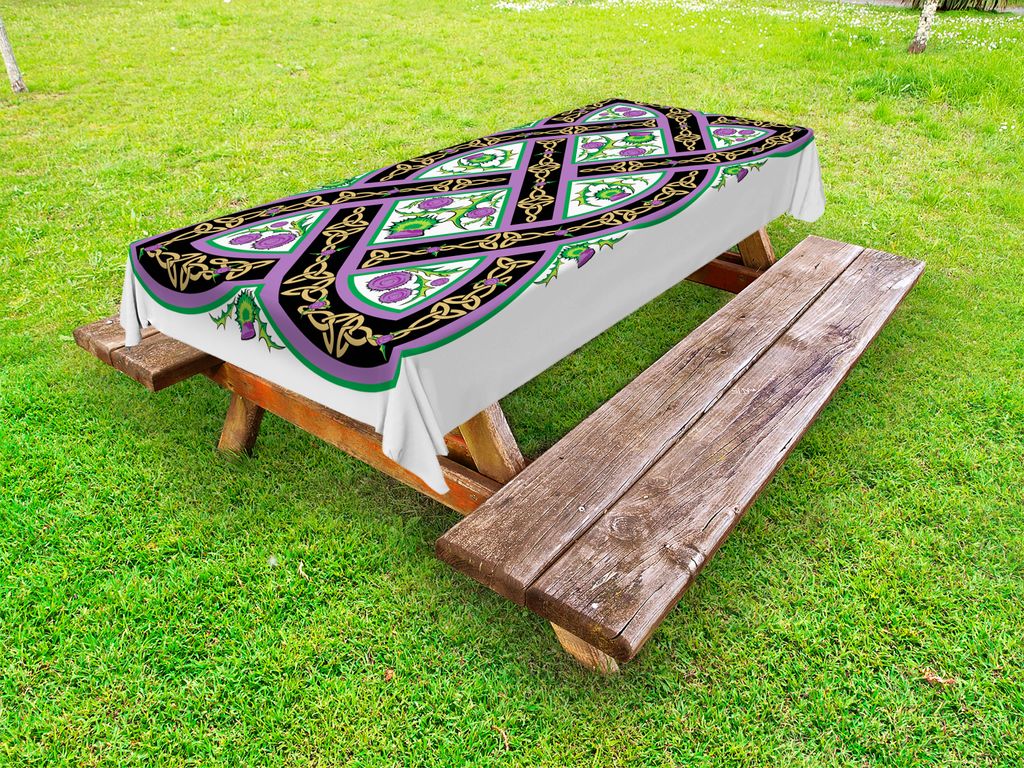 ABAKUHAUS Schottland Tischdecke Outdoor, Celtic Traditionelle königliche Muster wih Blumen Distel Kultur Ornamentik, Schwarz Grün Rosa, 145x210cm