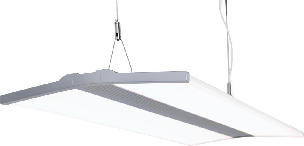 A modern LED pendant light hanging from thin wires against a white background.