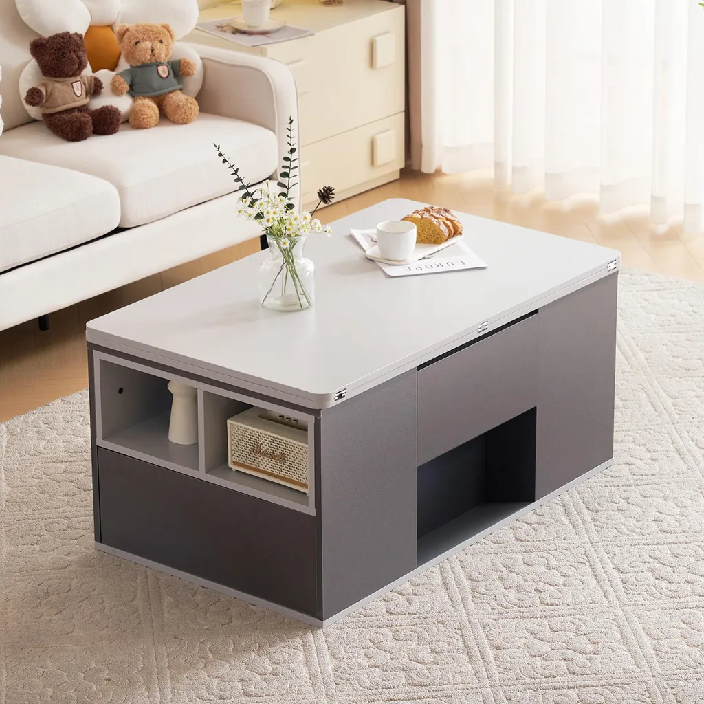 Table basse relevable bicolore grise avec rangement moderne pour salon - 4