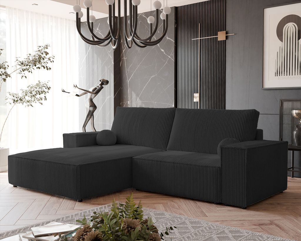 Polsterecksofa HUGO mit Schlaffunktion und Bettkasten Ecksofa in L-Form Wohnzimmer Sofa mit Bettkasten Couch Links Poso 135 Schwarz