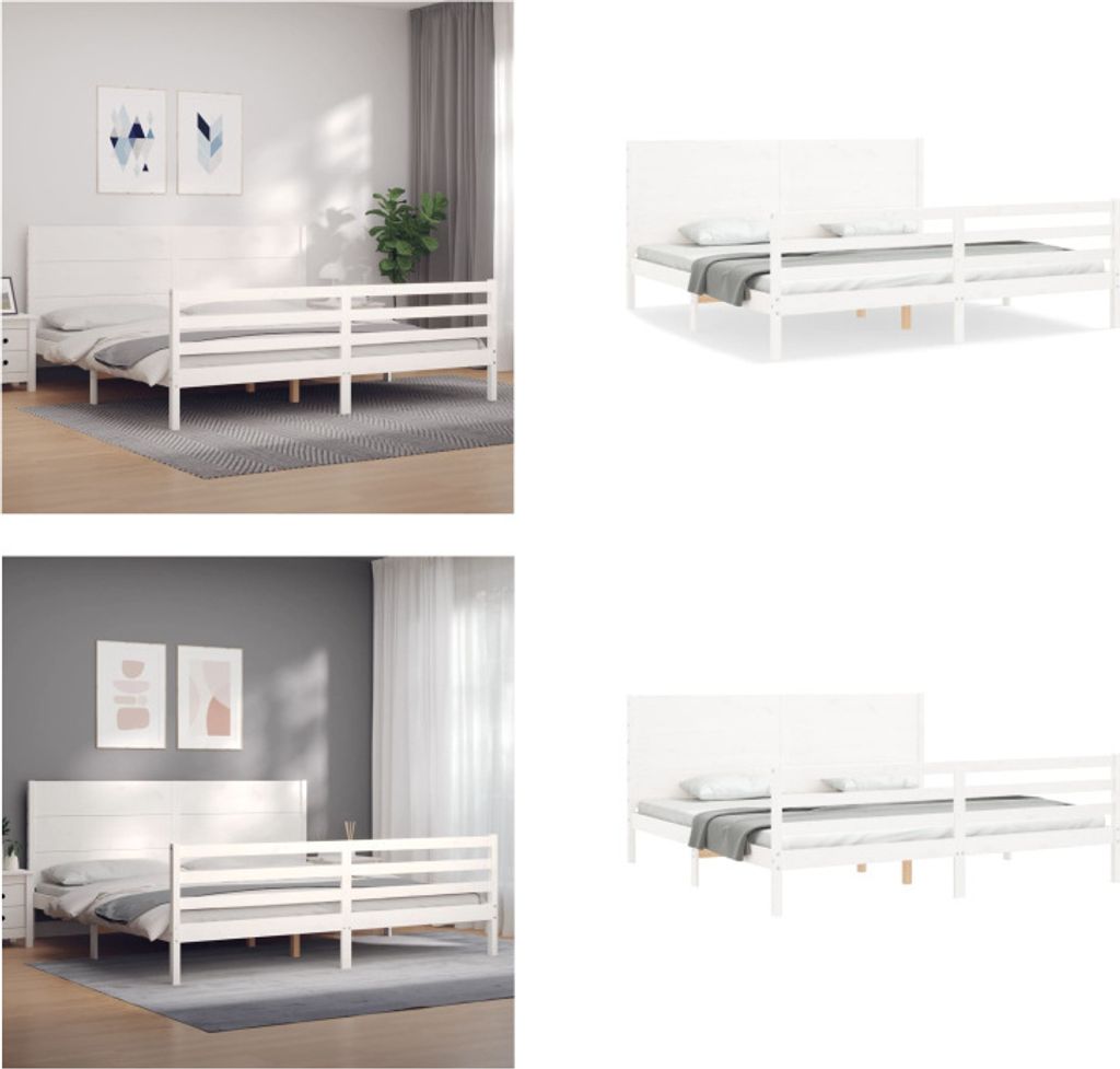 vidaXL Massivholzbett mit Kopfteil Weiß 200x200 cm - Bettrahmen - Bettgestell - Bett - Doppelbett