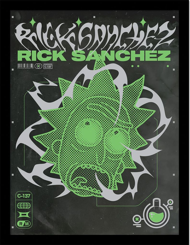 Rick And Morty - bedruckt "90S Rave Rickvival Rick", Papier PM8841 (40 cm x 30 cm) (Schwarz/Grün/Weiß)