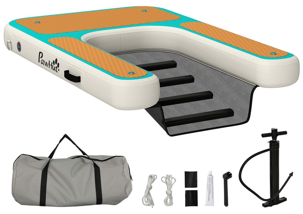 Aufblasbare Hunde Wasserrampe Hunderampe Pool 151x102 cm Tragbares Hundeboot mit Rutschfester EVA-Oberfläche Orange