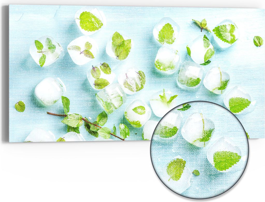 DEQORI Hybrid Leinwand Bild 60x30 cm 'Minzige Frische' Wandbild Glas flach modern