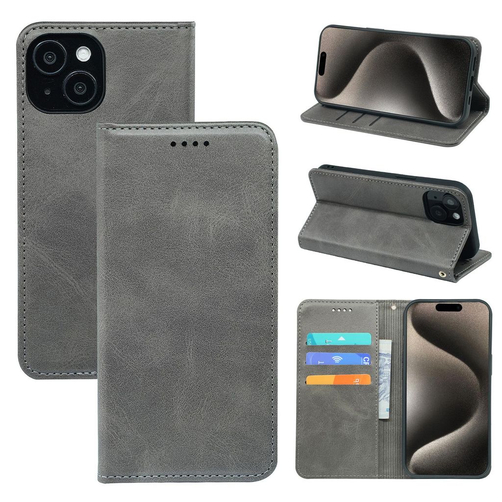 Handyhülle fur iPhone 14/15/16/17pro max, Kunstleder Handyhülle, Magnetische, Klapphülle, mit Kartenfächern und Ständer, Grau