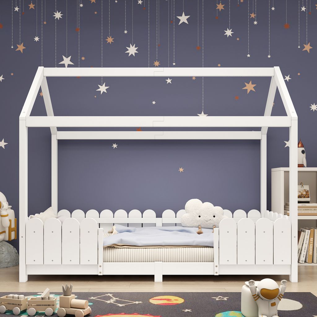 Hausbett mit Lattenrost, 90x200 cm, Kinderbett mit Rausfallschutz, Jugendbett, Einzelbett, Kiefer