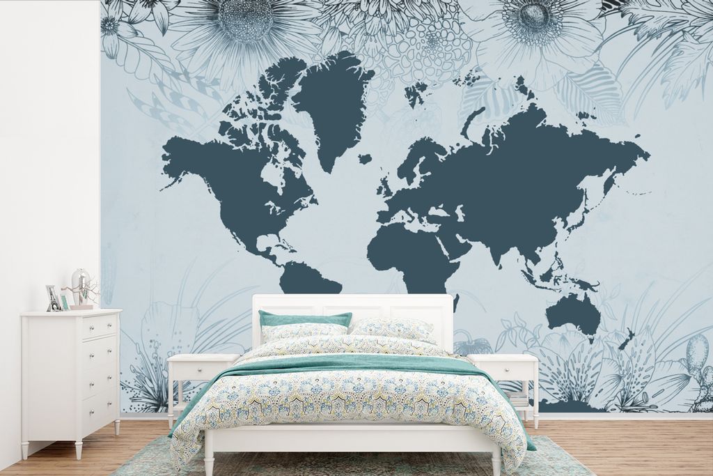 MuchoWow Fototapete für Wohnzimmer oder Schlafzimmer Wandtapete Vinyl Motivtapete Weltkarte - Retro - Blumen - 450x300 cm - Gemusterte