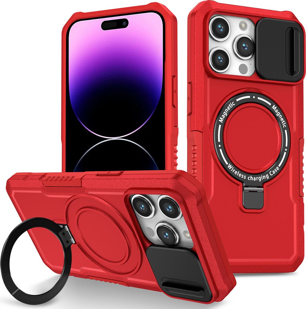Handyhülle für iPhone 14 Pro Kompatibel mit MagSafe, Robuste Hülle mit Schiebe Kamera Schutz, Magnetischer Ringständer Rot