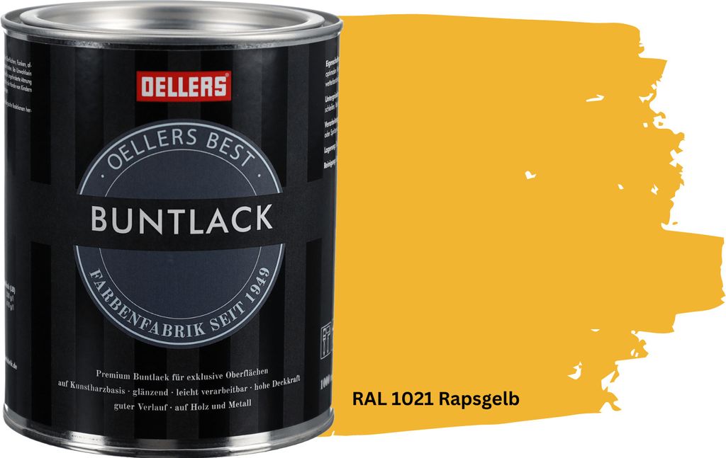 OELLERS Premium Buntlack 1L RAL 1021 Rapsgelb Metalllack Holzlack Schutzlack Kunstharz glänzend