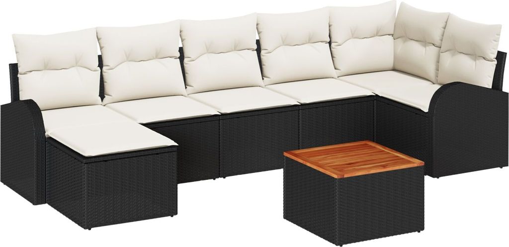 Möbel 8-teiliges Garten-Sofa-Set mit Kissen in Schwarz aus Poly-Rattan und Akazie, 2-Sitzer Garten-Sofa mit Stauraum und Kissen in Schwarz aus Pol...