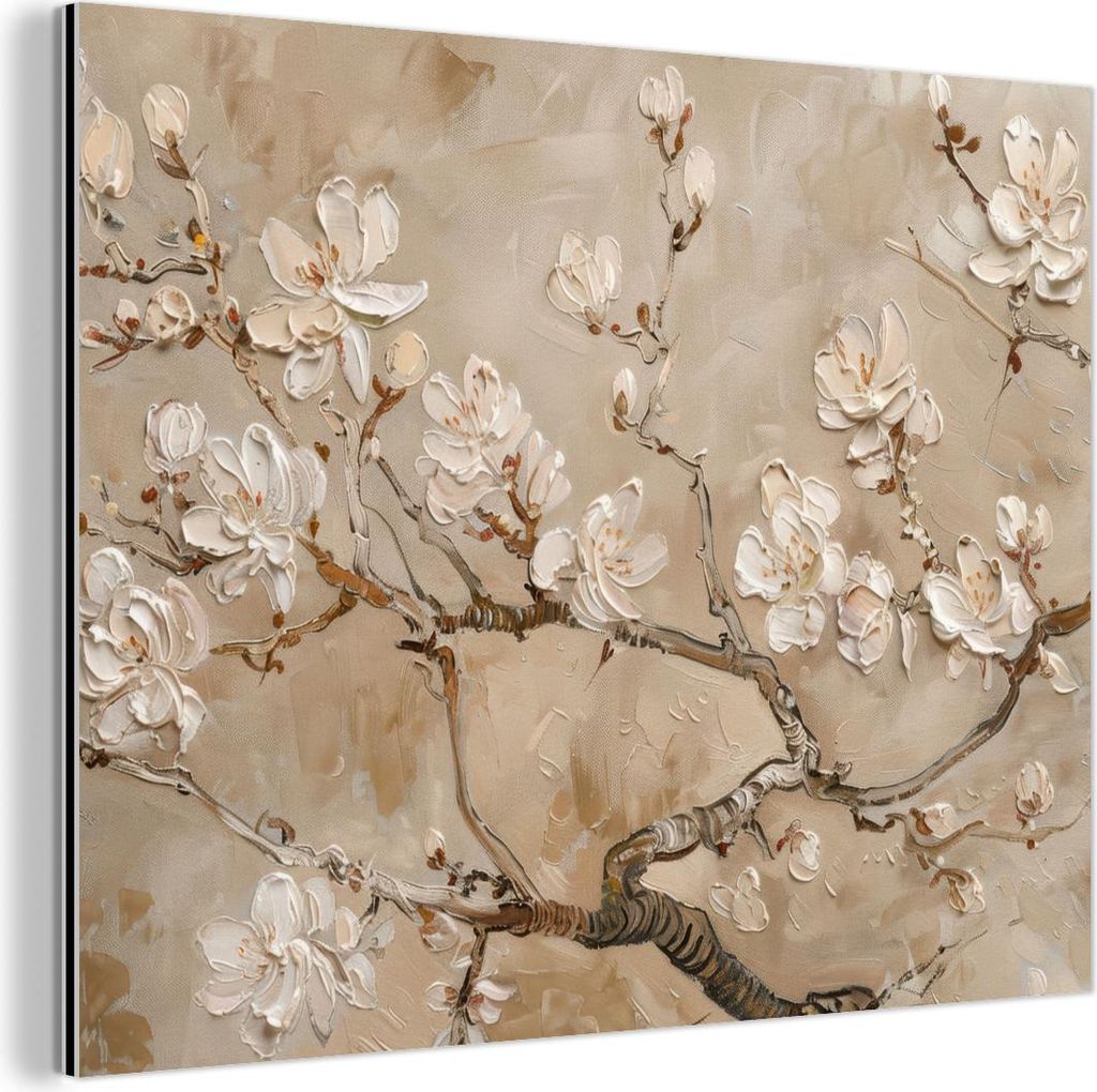 MuchoWow Wanddekoration Metall Metallbild Wandkunst 40x30 cm Blumen - Modern - Beige - Weiß - Blüte MuchoWow Aluminium Gemälde - Dekoration Wohn...