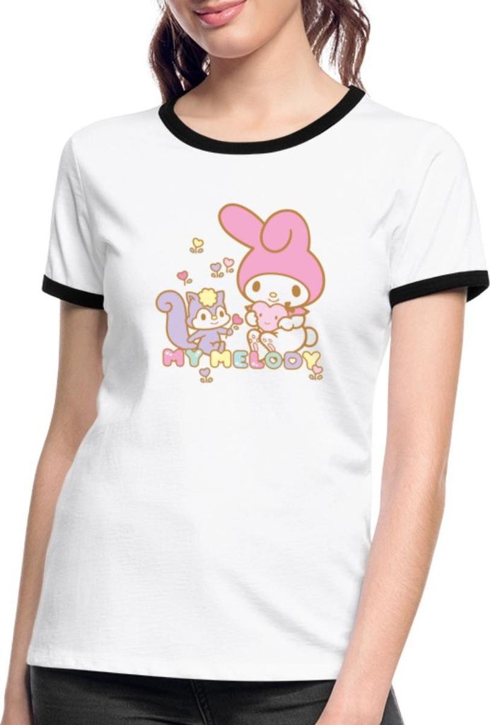 Spreadshirt My Melody Pflückt Mit Risu Herzblümchen Frauen Kontrast T-Shirt, XL, Weiß/Schwarz