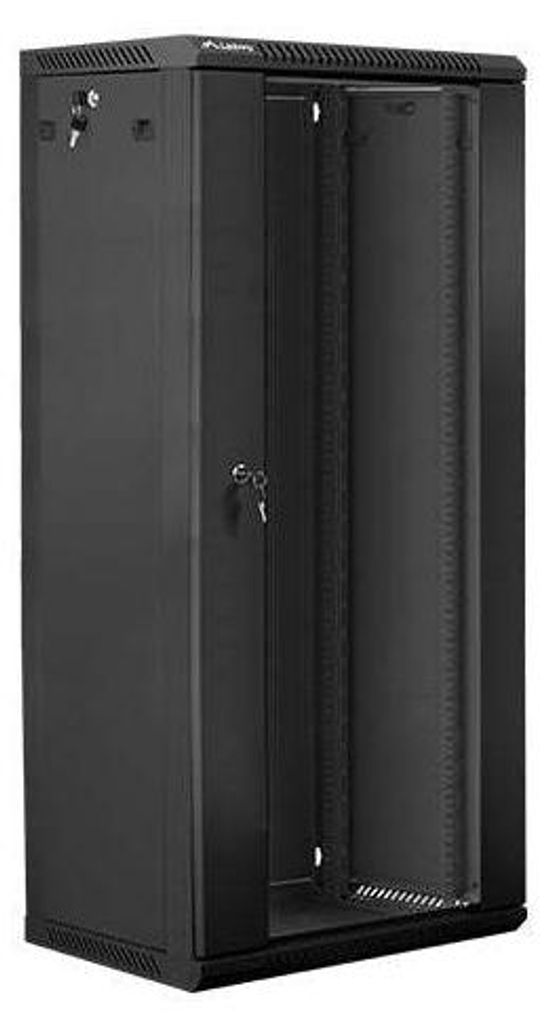 A black server rack cabinet with its doors open, showing the internal mounting rails.