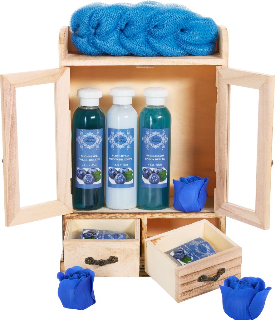 BRUBAKER Cosmetics Bade- und Pflegeset im Holzschrank - Wellness Badeset für Frauen - Damen Geschenkset mit Holz Dekoration, Blueberry Duft