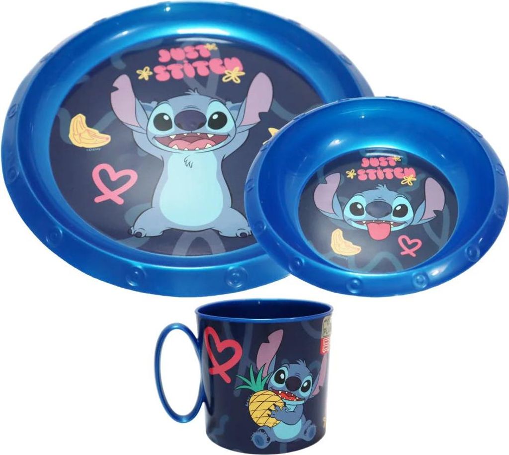 Disney Stitch Kinder Geschirr-Set 3 teilig Becher Teller Schüssel Frühstücksset