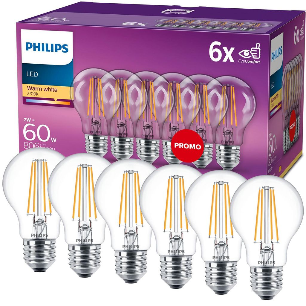 Philips Čirá žárovka s tradičním vzhledem 60 W, A60 6× E27, Obrázek produktu 