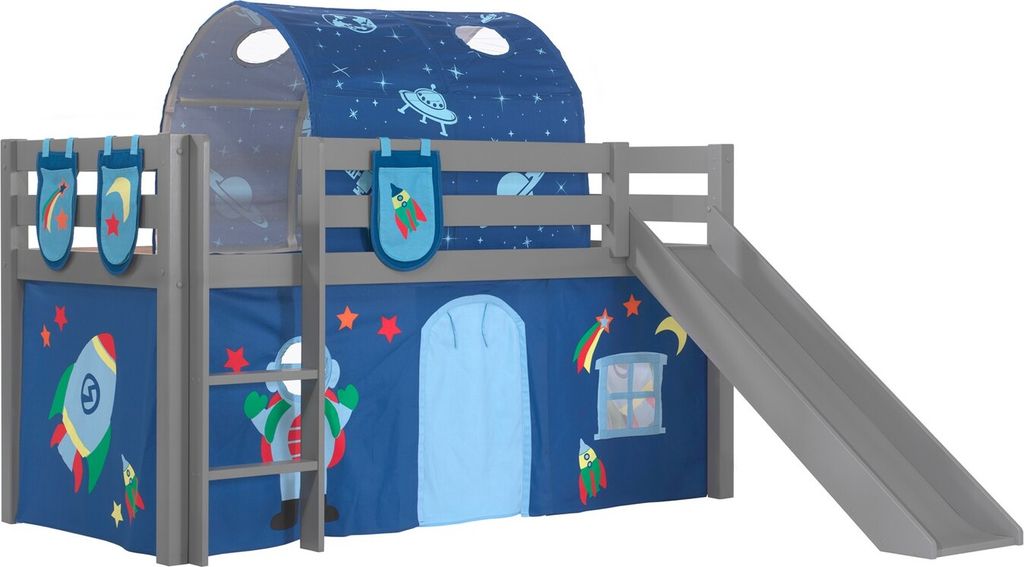 Spielbett mit Rutsche und Textilset Pino Kiefer Grau