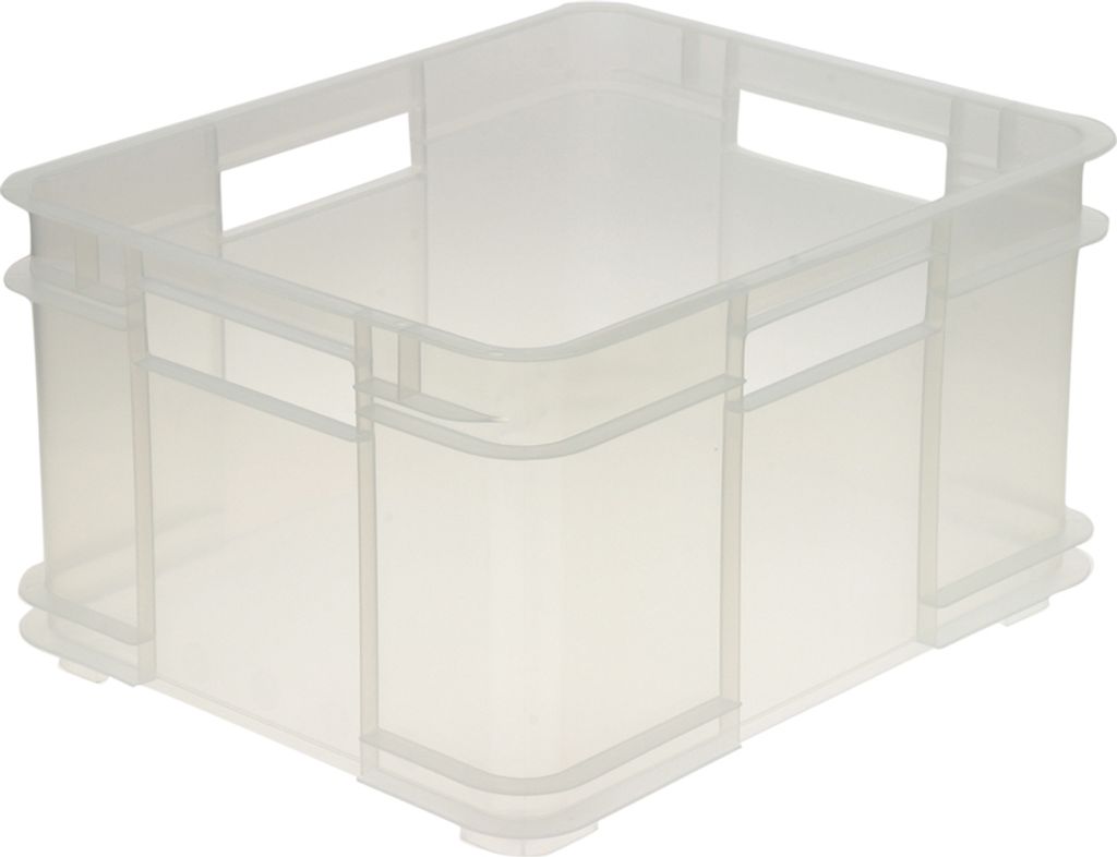 A clear, studio shot of a translucent plastic storage box.