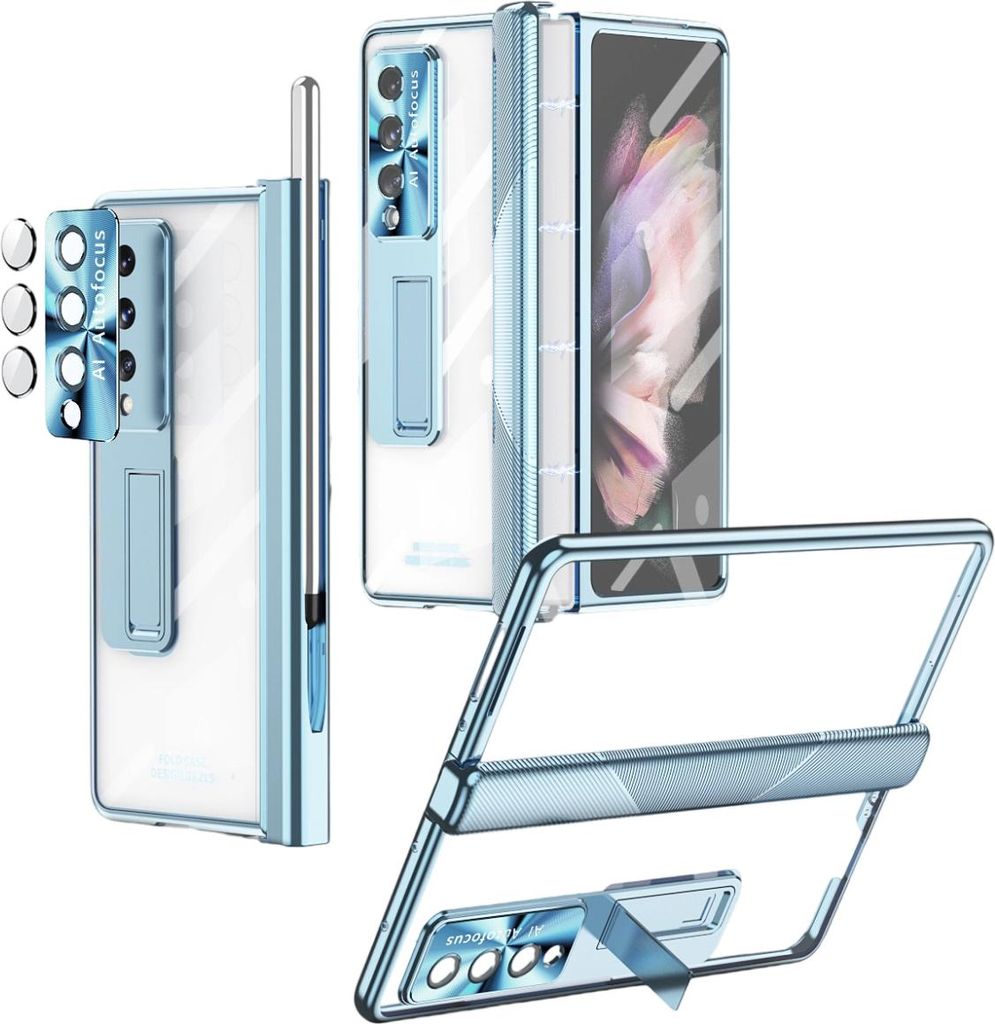 Stoßfeste Schutzhülle für Samsung Galaxy Z Fold 4 mit integriertem Ständer, Rundumschutz mit Displayschutzfolie und S-Pen-Steckplatz, Blau
