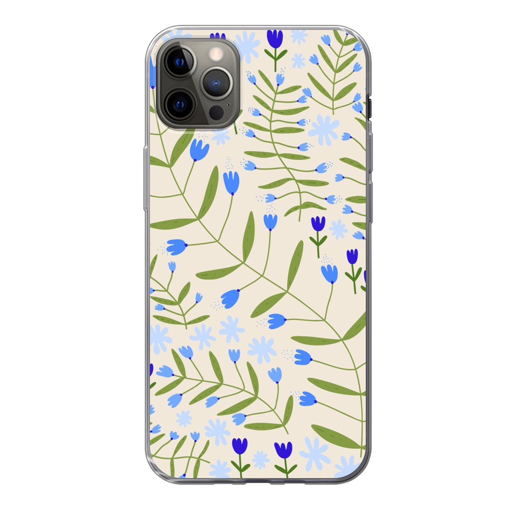 MuchoWow Handyhülle Schutzhülle Hülle für iPhone 13 Pro Max Blume - Blätter - Blau Silikon Softcase Handy Hülle - Mobiltelefon