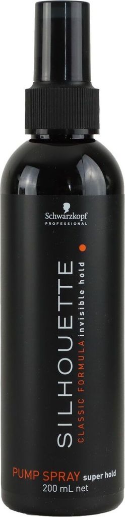 A black spray bottle of hairspray against a white background.