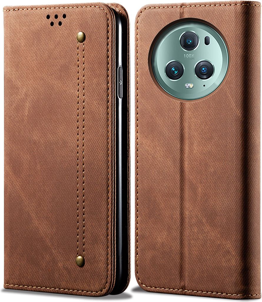 A brown leather flip case for a smartphone, shown open and closed.