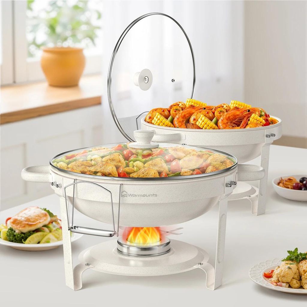 Chafing Dish Buffetwärmer - Runde Ausführung - 2er-Pack - 4,7 l pro Behälter - Glasdeckel - Wasserwanne - Braun