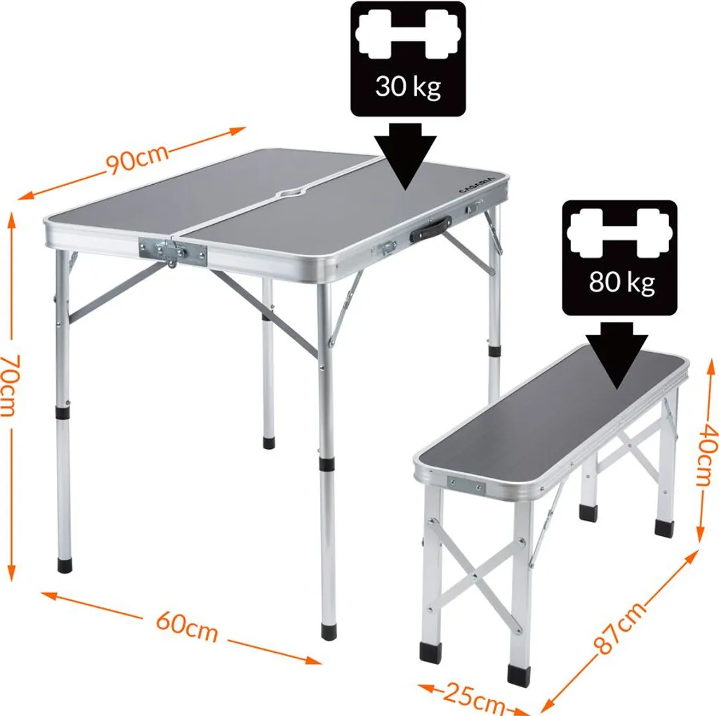 Table de camping pliable en aluminium avec bancs et format valise compacte
