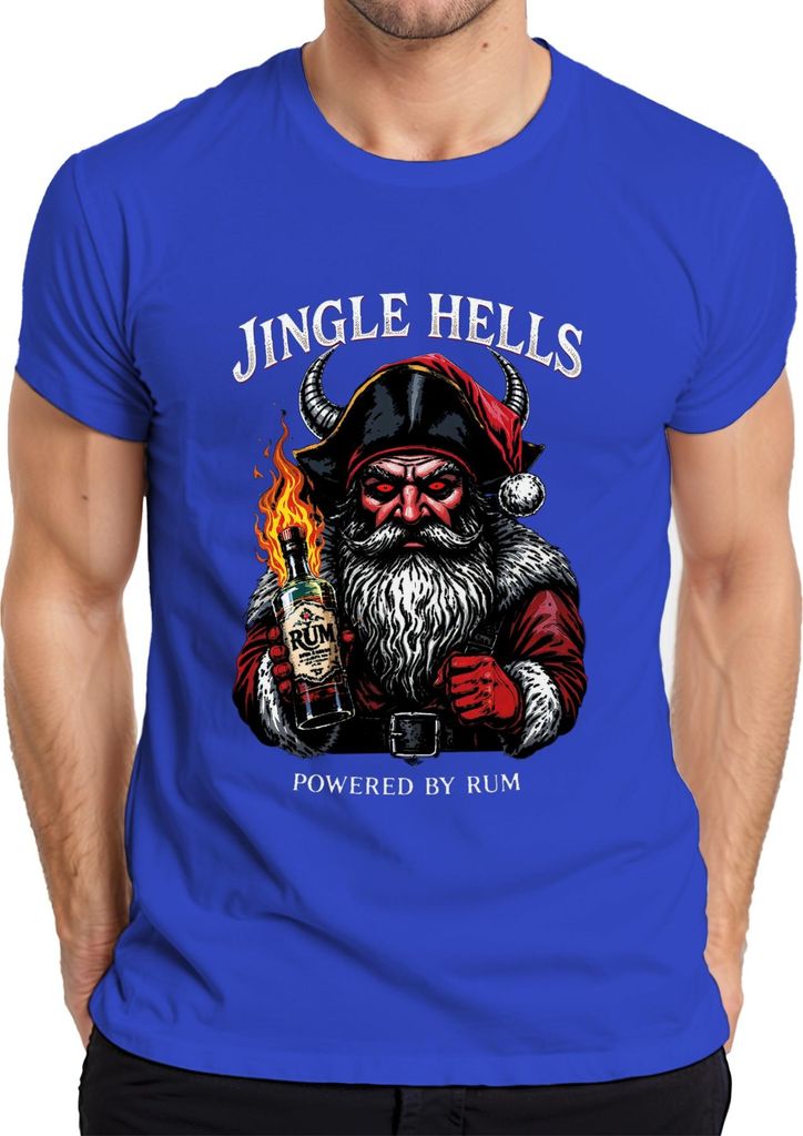 Jingle Hells Powered by Rum Santa horned flaming bottle Christmas Herren T-Shirt, Blau, L