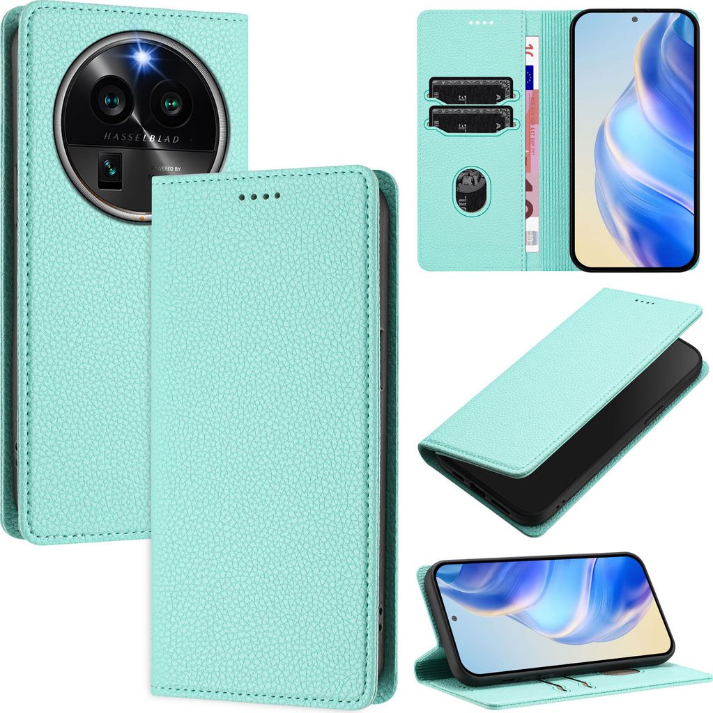 Litchi Leder Handyhülle für Oppo Find X6 Pro Wallet Kartenfächer Standfunktion Hülle Türkis