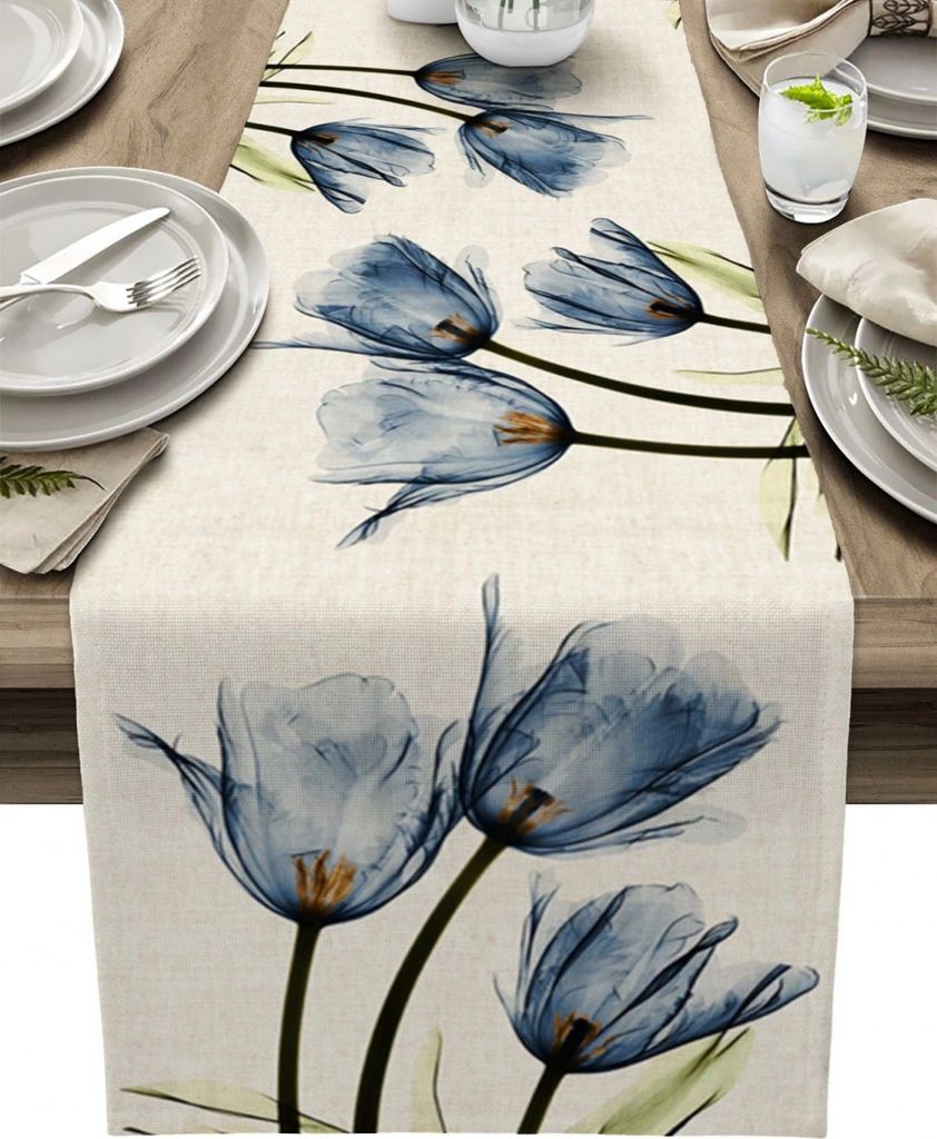 Tischläufer Blau Blumen Modern Wohnzimmer Tulpen rutschfest 33x183cm