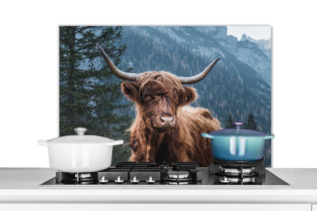 KitchenYeah Spritzschutz Küche - Küchenrückwand - Wandschutz für Herd und Spüle - Schottisches Hochlandrind - Wald - Höhle 80x55 - Alu-Dibo...