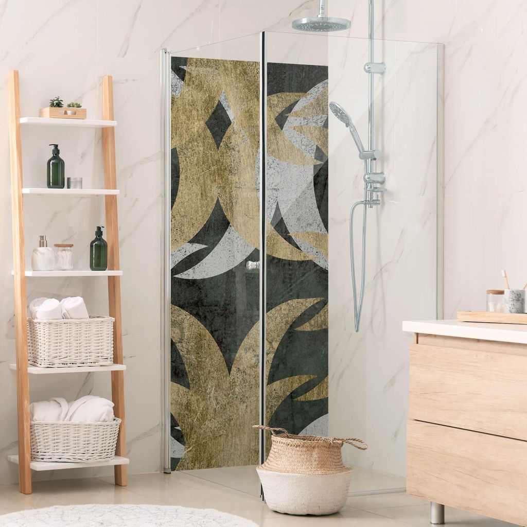 Duschrückwand Muster selbstklebend - 0.61 mm Wandpaneel wasserfest Ornament gold Aquarell Illustration Badrückwand fugenlos Premium matt 110x190 cm