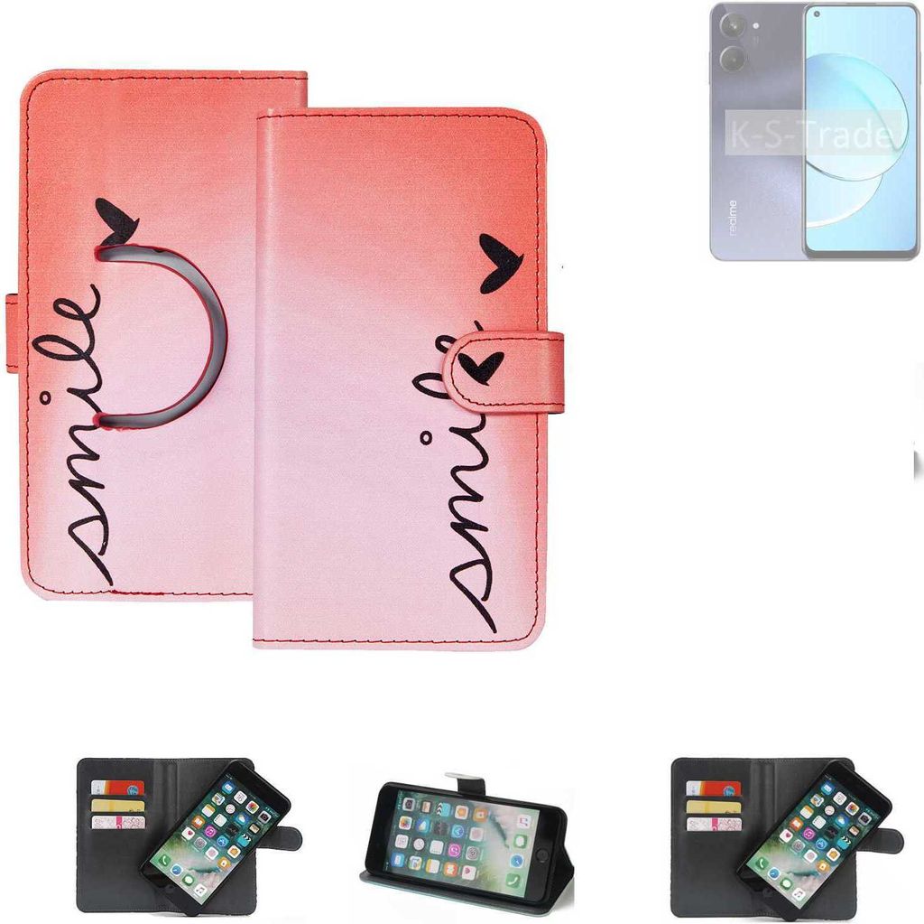 K-S-Trade Schutzhülle Handyhülle kompatibel mit Realme 10 Hülle cover bookstyle Etui ''smile'' rot Standfunktion Kameraschutz (1Stk)