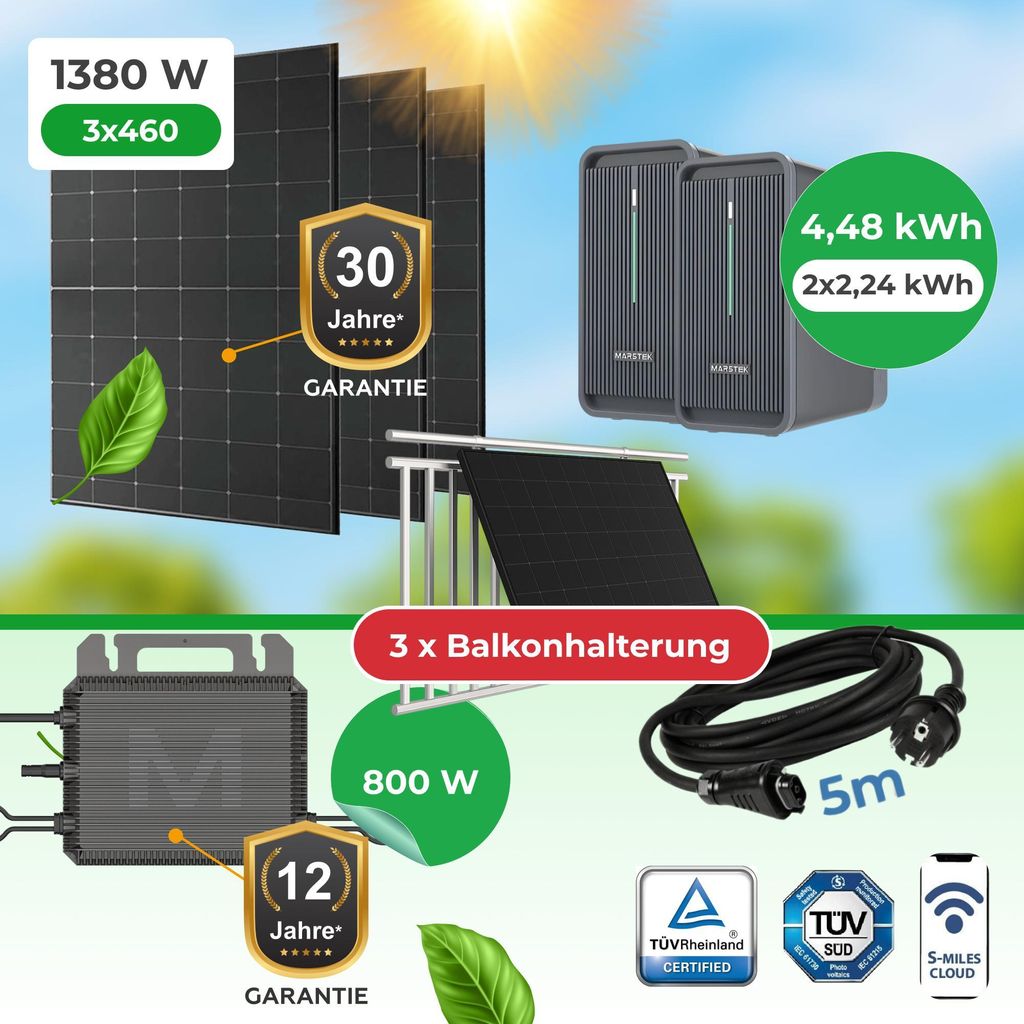 Balkonkraftwerk 1380W 3x460W Bifazial Glas-Glas + 4,48kWh Produktbild 