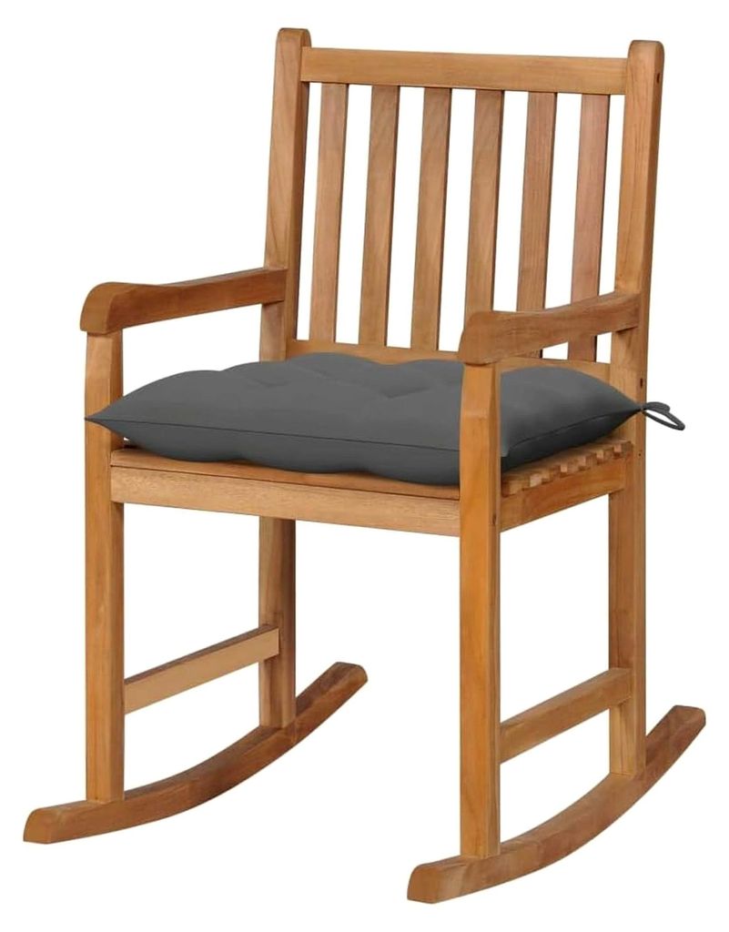 Schaukelstuhl mit grauem Kissen aus massivem Teakholz, langlebig und witterungsbeständig, Relaxsessel für Garten, Balkon und Outdoor, 58 x 92,5 x...