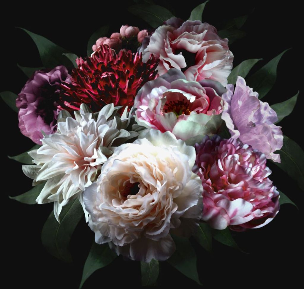 ESTAhome Fototapete Blumenstillleben Multicolor auf Schwarz 200 x 279 cm