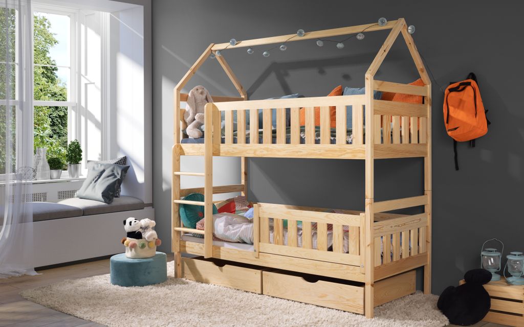 KEF Noah Etagenbett Weiß 200x90 Cm - Massivholz Kinderbett Mit Schubladen | Hausbett Für Zwei Kinder