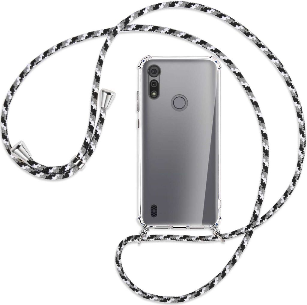 Handykette Backcover-Schutzhülle mit Band (Metall silberfarben) für Motorola Moto E6s - schwarz/grau/weiß