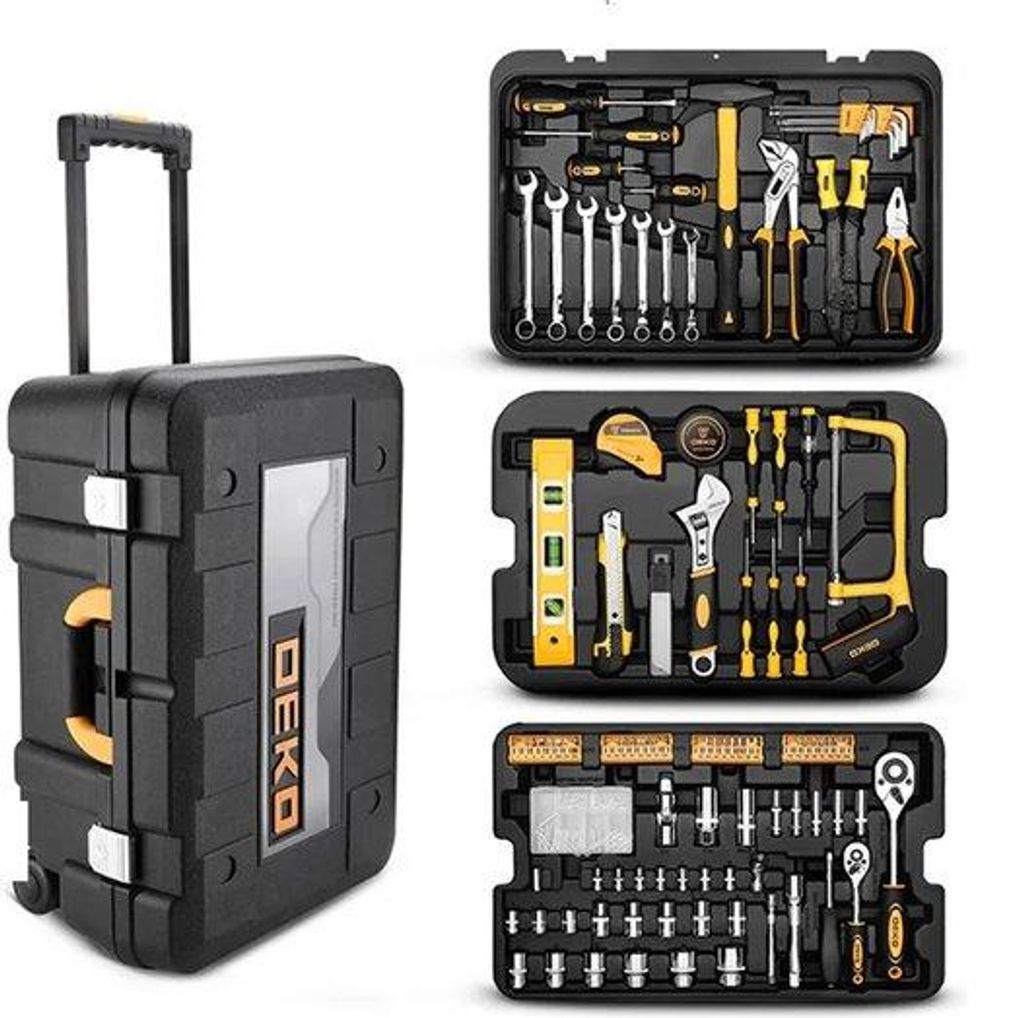 Deko – Werkzeugkoffer – Bestückt – 258-teilig – Handwerkzeugset – Werkzeugkasten – Rollkoffer – Toolbox – 3-stöckig – Schwarz/Gelb